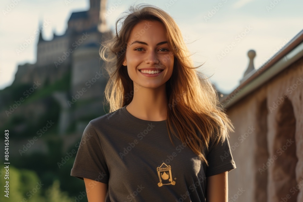 Portrait of a smiling woman in her 20s dressed in a casual t-shirt on historic castle backdrop Portrait of a smiling woman in her 20s dressed in a casual t-shirt on historic castle backdrop