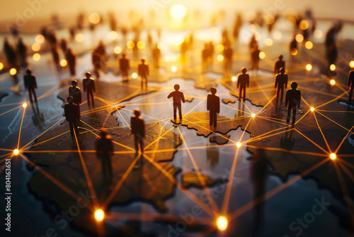 Conceptual image illustrating a network of connected human figures on a world map, symbolizing global communication, social networking, and international business relationships at dusk