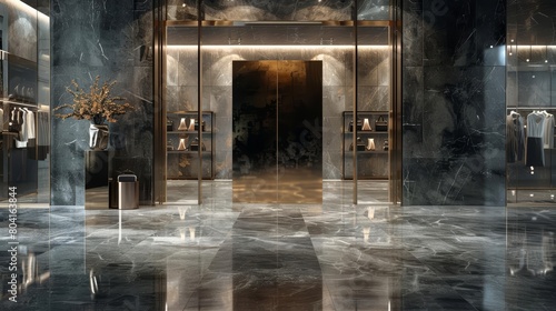 Design a sophisticated entryway for a luxury boutique with a metallic paper banner, reflecting class and elegance in every shimmer, Template paper art concept with copy space photo