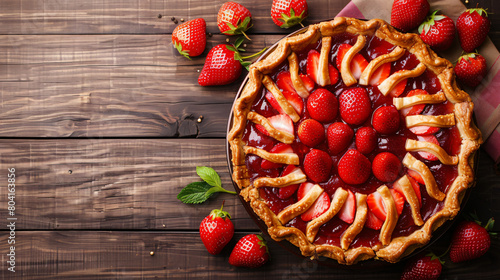 Composition with tasty strawberry pie on wooden background