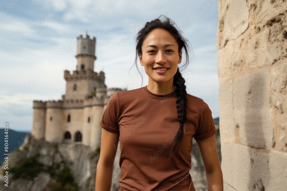 Portrait of a blissful asian woman in her 20s sporting a technical climbing shirt isolated in historic castle backdrop