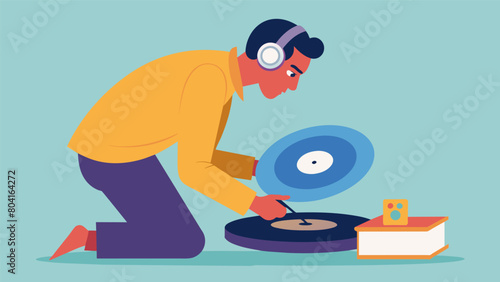 Leaning in close a vinyl enthusiast uses a magnifying glass to inspect the grooves of a record for any tiny particles before meticulously removing Vector illustration