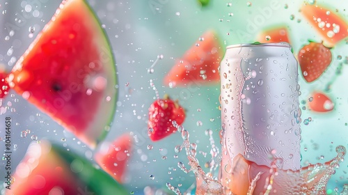 can mockup, beverage mock up with fruits background, soda can mockup, Plain white colour 355ml can, floating beverage can mockup with colorful background with ice cubes photo