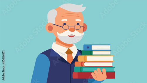A senior gentleman proudly showing off the armful of books he found excited to add to his collection.. Vector illustration