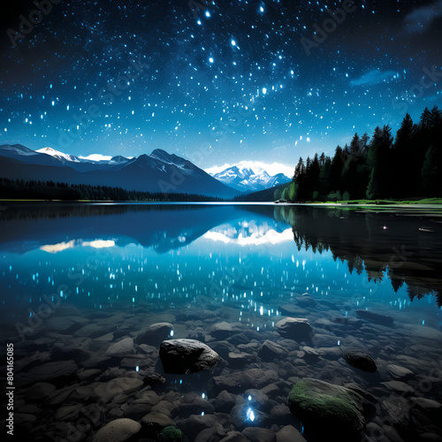 Crystal-clear lake reflecting a starry sky.