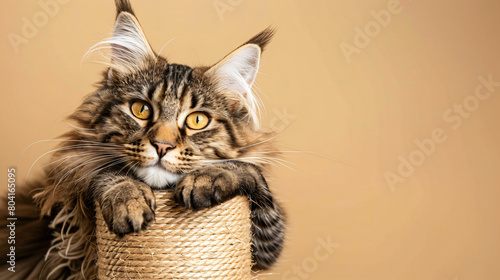 Maine Coon cat on scratching post against beige background photo