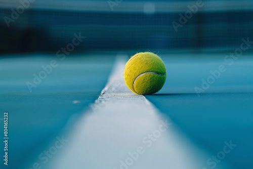 Green tennis ball lies on hard court on white marking. Close-up photo © CozyDigital