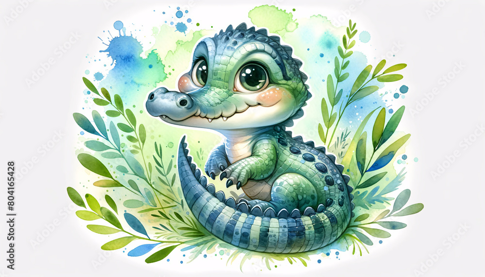 A charming illustration of a young crocodile in a watercolor style A charming illustration of a young crocodile in a watercolor style