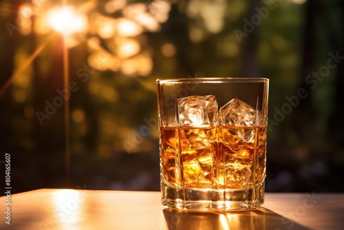 Golden Hour Bliss: Whiskey on the rocks in a golden-hued glass.