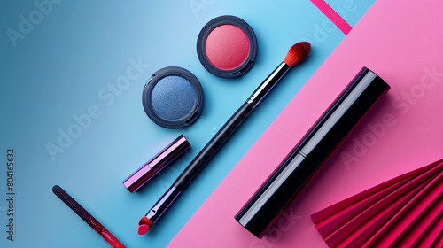 Makeup cosmetics on color background