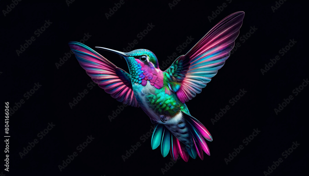 A stunning of a hummingbird in flight against a dark background A stunning of a hummingbird in flight against a dark background