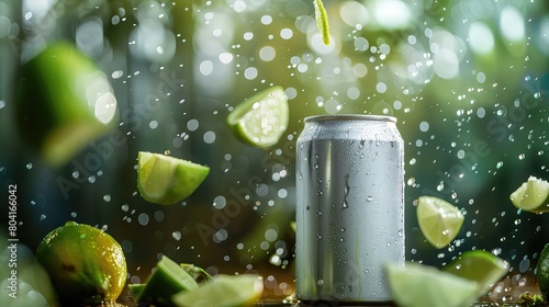 can mockup white plain soft-drink can 330ml floating, whole lemons and limes in the air scattered, vibrant background of yellow and lime green colour, tropical vibes