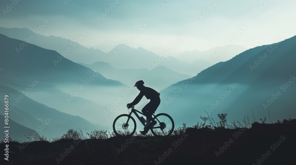 A man is riding a bicycle on a mountain trail A man is riding a bicycle on a mountain trail