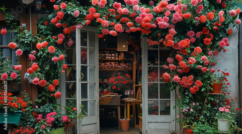 Fototapeta Naklejka Na Ścianę i Meble -  A shop full of roses, roses in the shape of love climb on the door. Generative AI.