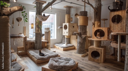 Cat Haven: Tranquil residences for feline friends, complete with scratching posts and plush bedding. photo