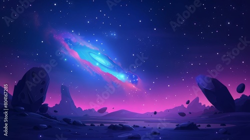 The far universe with stars, fantasy alien world, cosmic view, modern illustration of a glowing nebula or galaxy sleeve and flying rocks or islands.