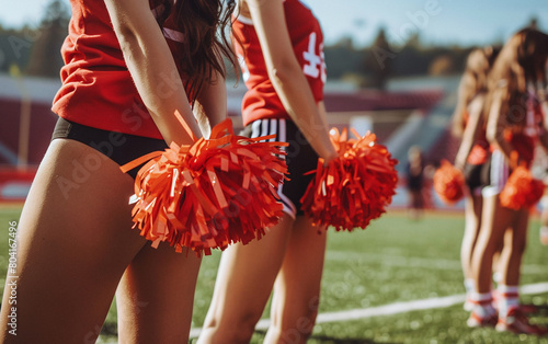 Photo of beautiful and young girls cheerleaders with colored pompoms in their hands for active support of sports team photo