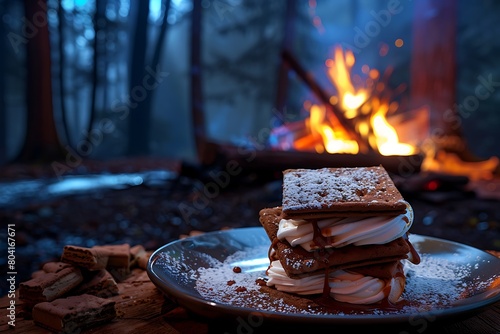 A s'mores dessert with a backdrop of a cozy campfire in a dark forest. photo