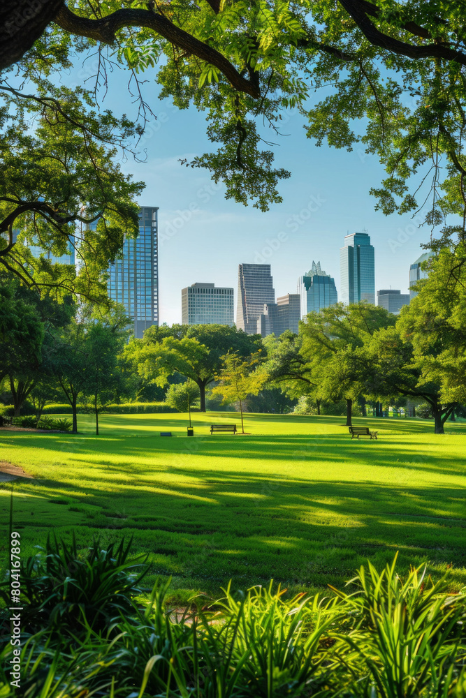 A metropolitan park with a city skyline in the background 