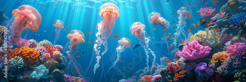World in the ocean. Jellyfish in a coral reef. 3d render illustration.