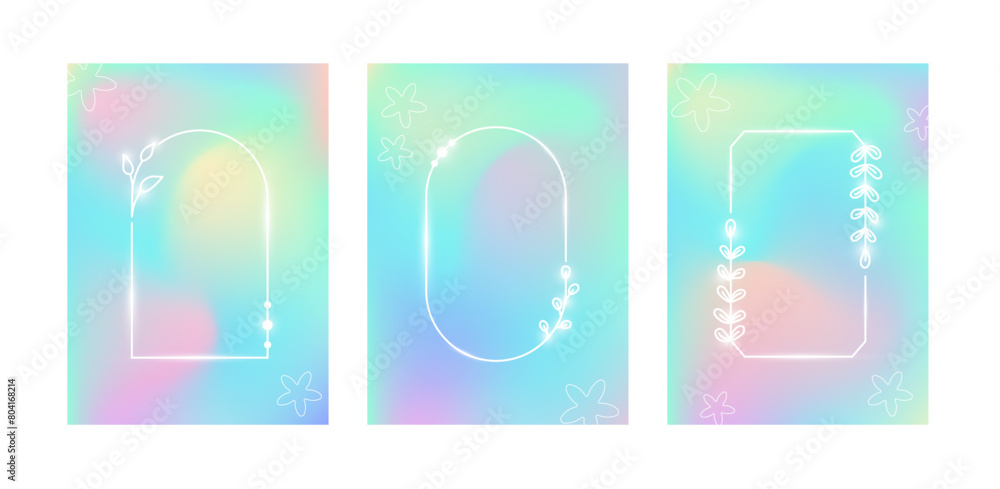 Y2K aesthetic abstract gradient cover templates set. Holographic backgrounds with floral linear elements.