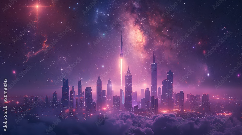 Synthwave city in space with planets in the background for wallpaper, banners, artistic prints