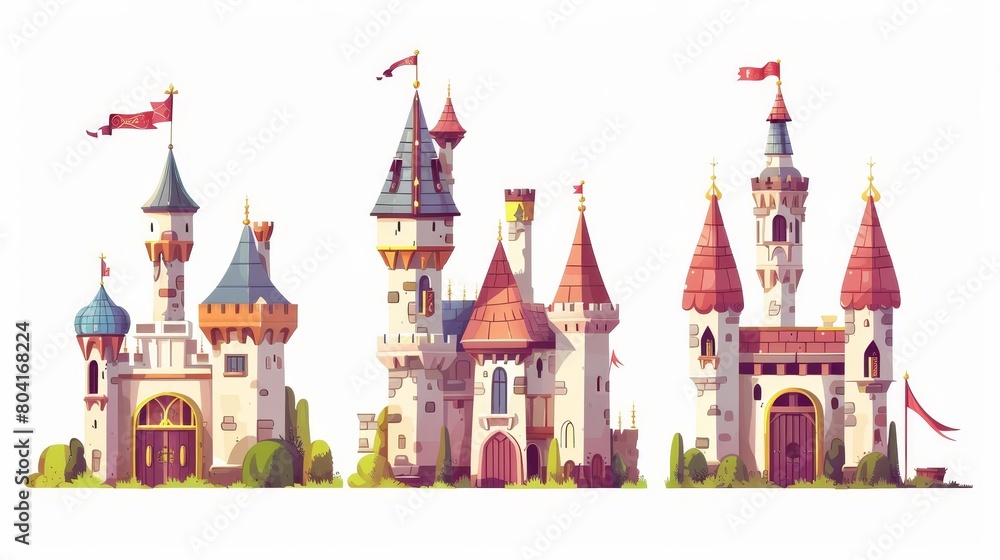 This modern illustration depicts medieval castles with turrets, flags, arched windows and gates, princess fortresses, antique architecture, isolated on a white background.