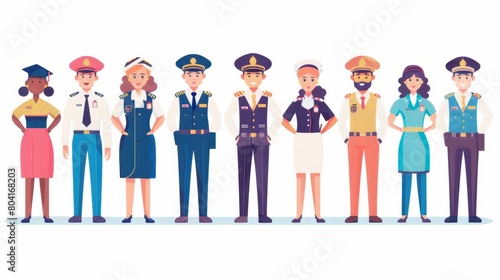 Staff at an airport, airline crew members, stewardesses, security, and landing workers. Modern flat illustration of aviation service employees in uniform on a white background.