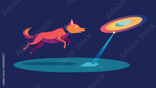 A hightech flying disc that lights up and beeps stimulating a dogs natural instinct to chase and catch.. Vector illustration