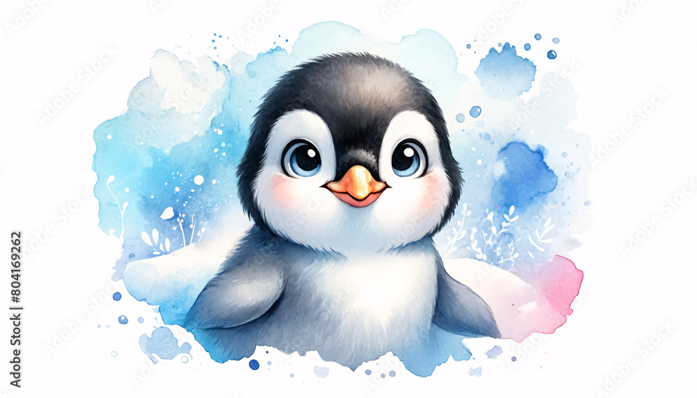 Fototapeta premium A charming illustration of a young penguin in a watercolor style