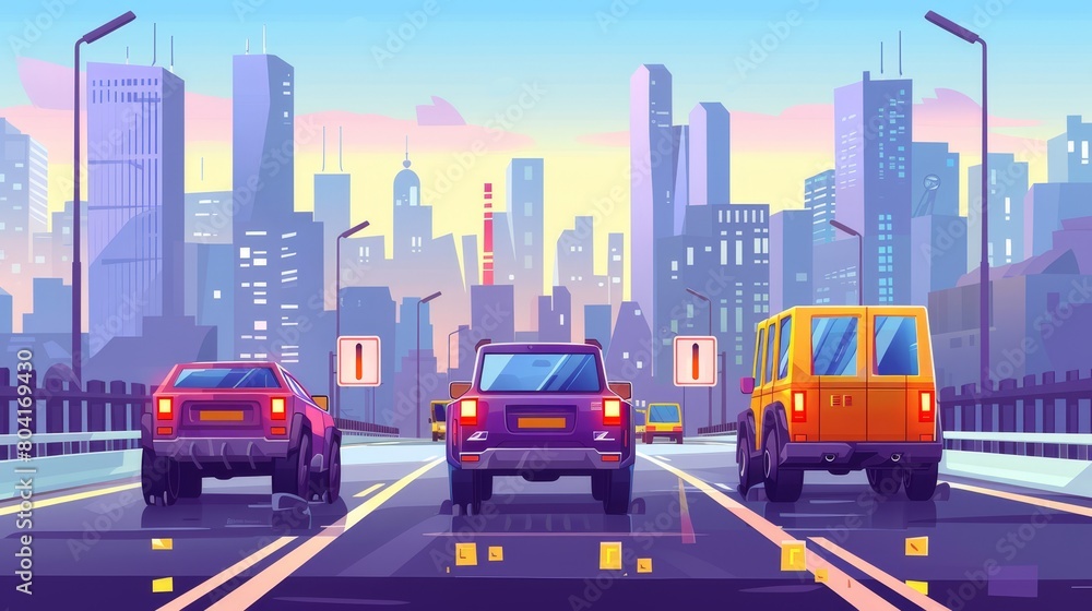 A rear view of cars at the rear of a highway on a cityscape background with skyscraper buildings. Modern automobiles riding along asphalted road with signs and lamps. Cartoon illustration of cars on