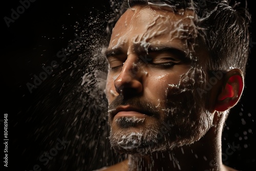 Splashing water with foam on a person s face  banner for advertising shaving foam on a black background.