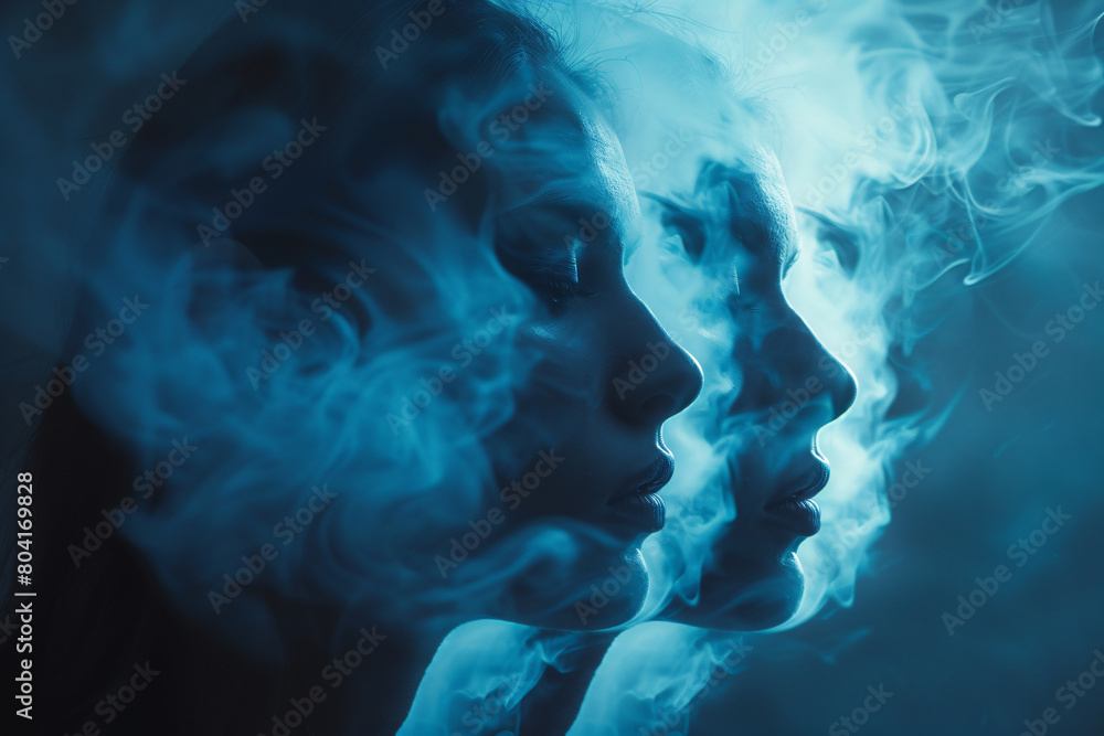 Dissociative personality disorder concept, illustration of different female faces side by side, depicting the different personalities and ego-states within one person Dissociative personality disorder concept, illustration of different female faces side by side, depicting the different personalities and ego-states within one person