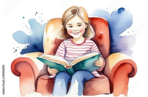 caucasian girl reading interesting book, watercolor illustration. storytelling, children education