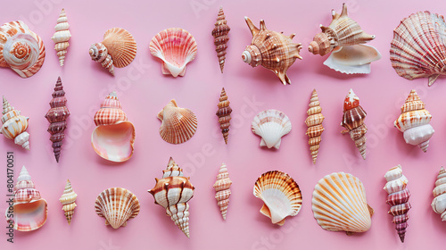 Many different seashells on pink background