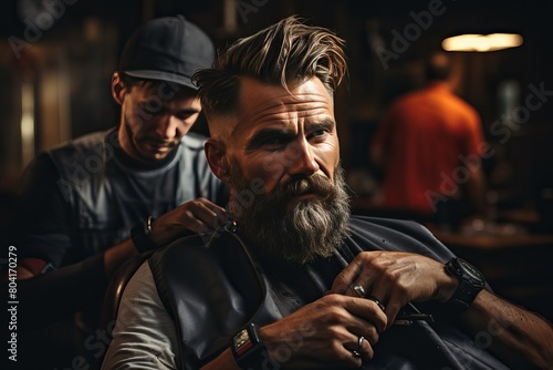 A man in a barbershop, a barber puts a cape on a man's shoulders, beard care. © Niko_Dali
