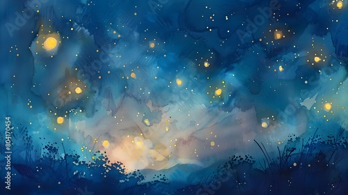 Dreamy Twilight Watercolor Landscape with Dancing Stars in the Cosmos