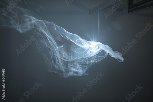 A solitary, impossibly thin thread suspended in mid-air, defying gravity with a soft, ethereal luminescence. photo