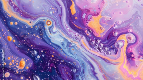 A dynamic fluid art painting with swirls and patterns symbolizing various market trends, set against a pastel purple background