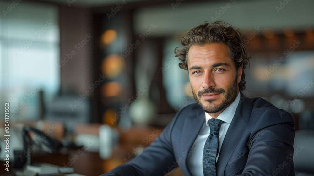 Elite Businessman in Dark High-End Suit: A Handsome Professional at His Desk in a Skyscraper Office Elite Businessman in Dark High-End Suit: A Handsome Professional at His Desk in a Skyscraper Office