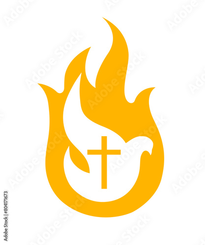 Holy Spirit dove logo. Pentecost Sunday banner with dove in flame and cross symbol. Vector illustration