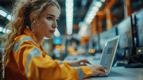 Professional uniformed female service technician sitting at a desk closely looking at her laptop computer screen in a large well lit warehouse. Generative AI.
