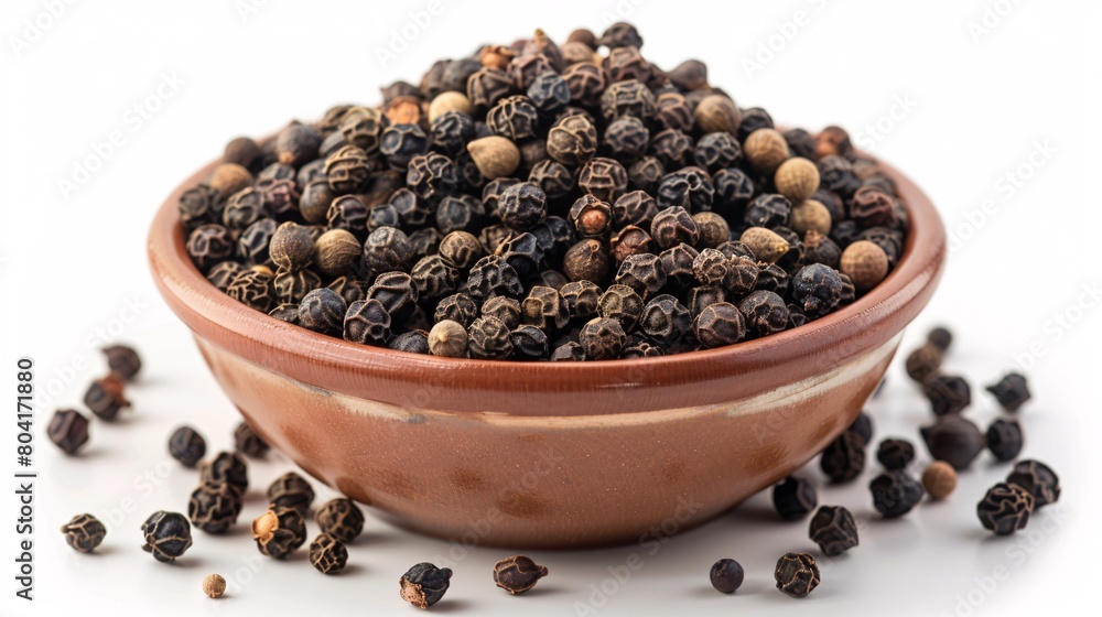 Fragrant seasoning. Abundant dark peppercorns in dish separated on pale. Fragrant seasoning. Abundant dark peppercorns in dish separated on pale.
