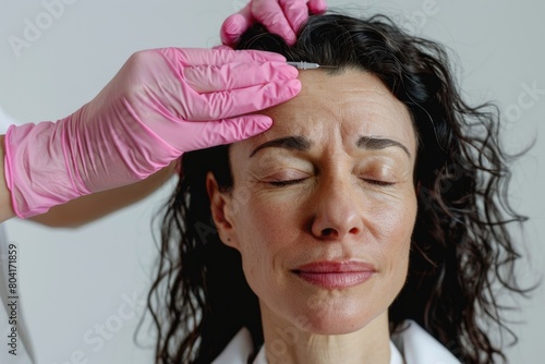 Botox to wrinkles on a woman's forehead. photo