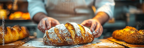 chef hands with freshly baked bread from an oven