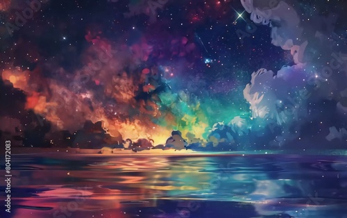 sea ​​with colorful energy, digital art style, illustration painting with stars in front of the Milky Way galaxy