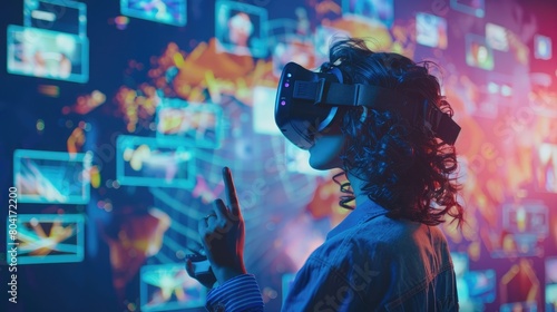 A creative professional wears a virtual reality headset in a colorful studio  surrounded by floating digital images of art and innovation  emphasizing a vibrant brainstorming session