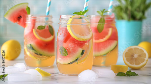 Mason jars of tasty cold watermelon lemonade on table