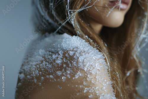 Give someone the cold shoulder concept, a woman's shoulder covered in ice close-up, ignoring someone