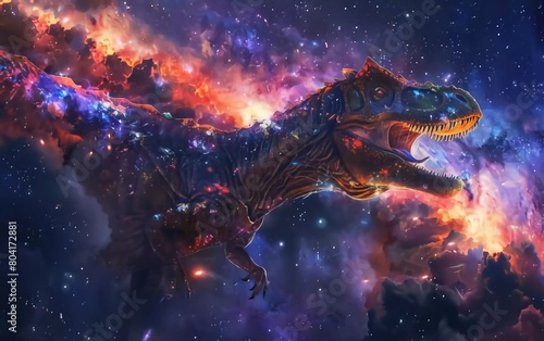 dinosaur with colorful energy, digital art style, illustration painting with stars in front of the Milky Way galaxy